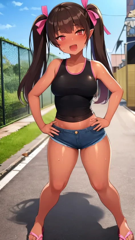 2D，highest quality，(masterpiece)，(full body)，semi-long，twin tails，brown hair，wavy hair，(Pink tied ribbon)，1 girl，young，small ears，healthy dark skin，sunburn，(denim hot pants)，pink tank top，barefoot，flip flops，big breasts，(attractive thighs)，butt，Plump figur...