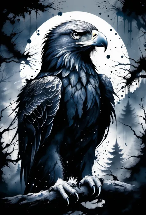 (((In dark fantasy ink splatter art:1.3))), Shabby Eagle, Mesmerizingly beautiful scenery appears, Chaotic black strokes ink splatter, Intricate details blend into the world of the ethereal forest, Otherworldly creatures, insanely beautifu, Gongbi, Every s...