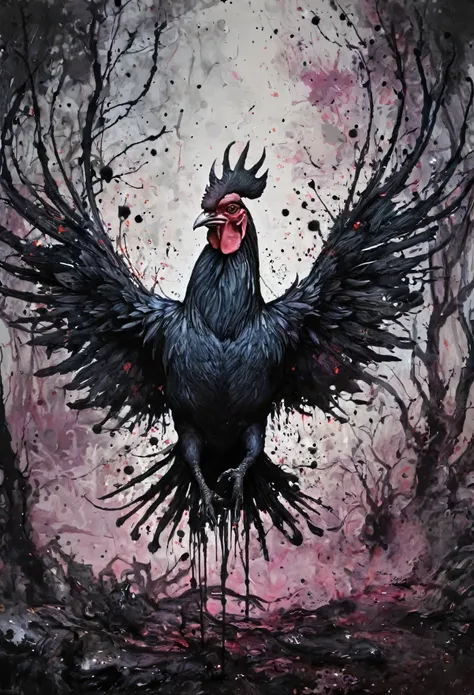 (((In dark fantasy ink splatter art:1.3))), Shabby cock, Mesmerizingly beautiful scenery appears, Chaotic black strokes ink splatter, Intricate details blend into the world of the ethereal forest, Otherworldly creatures, insanely beautifu, Gongbi, Every st...