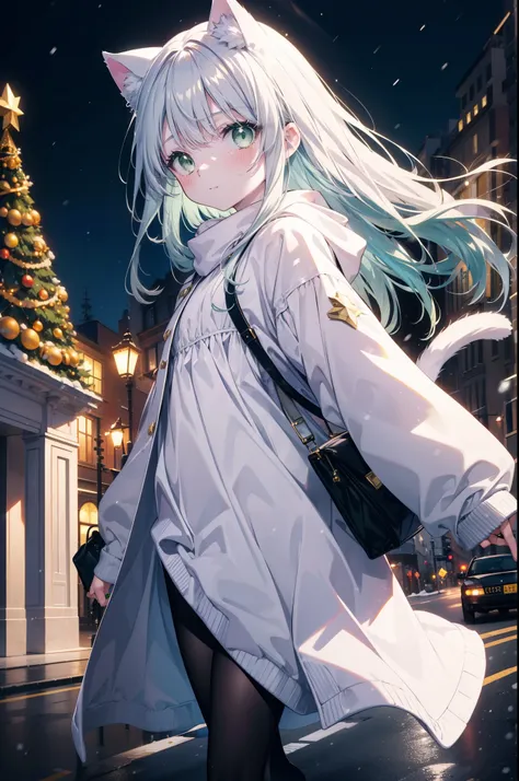 index, index, (green eyes:1.5), silver hair, long hair, (flat chest:1.2),cat ear,cat tail,blush,smile,open your mouth,illuminati...