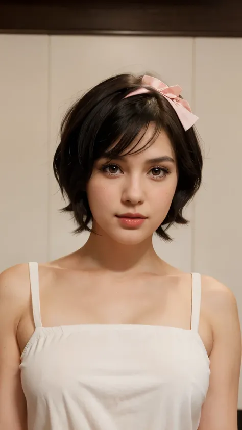 a white woman with short black hair, brown eyes, a beautiful face with slightly pink cheeks and a sweet look, with red lips, dressed as a succubs