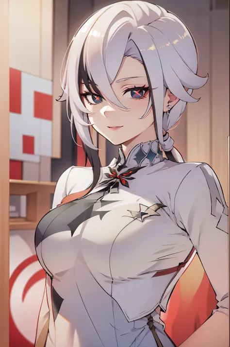 UHD, ccurate, masterpiece, anatomically correct, textured skin, super detail, best quality, 16k, 1080P,SOLO,(1 Female,perfect body, white short hair with a long low ponytail,light smile),(blue eyes with red x-shaped pupils:1.7),(wearing A White lcheongsam:...