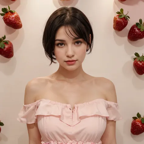 a white woman with short black hair, brown eyes, a beautiful face with slightly pink cheeks and a sweet look, with red lips, wearing a (pink dress) (dress with strawberries)