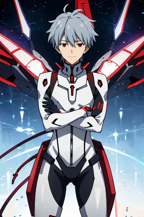 kaworu nagisa, plug suit, male focus, 1 boy, red eyes, alone, smile, body suit, gray hair, interface headset, looking at the vie...