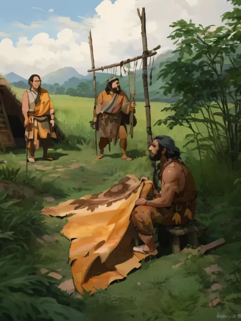 primitive people made animal skin clothes，grassland，wilderness，（two cavemen，neanderthal：1.2），prehistoric times，illustration art，...