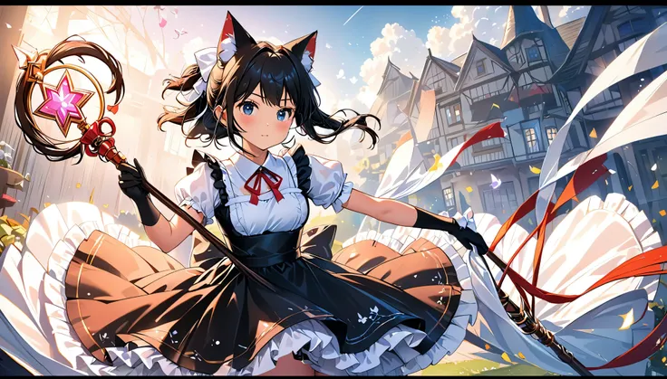 aw image quality，8k，Cat-eared maid，maid outfit，short black hair，black gloves，1girl，Holding a magical girl staff，kv