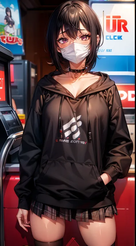 At the amusement arcade, game console, game machine, 
girl, short bob black hair, early teen, black Hoodie with pockets, plaid miniskirt, purple collar, black face mask, piercing, 
small breasts, slender, standing , naughty, 
zettai ryouiki, absurd resolut...