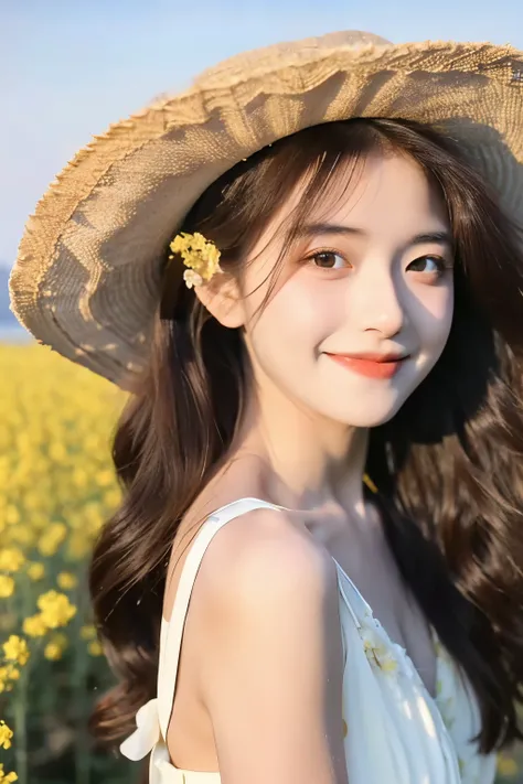 sweet looking girl，Long, curly hair，Standing in a vast field of rapeseed flowers，The vast surrounding rapeseed flowers，wearing a straw hat，The bright sun shines on the face，sweet smile，Wearing a long white dress，(HD quality), ((masterpiece)), (detailed),