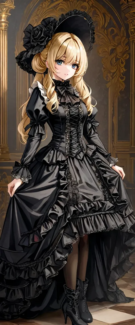 woman wearing dress and boots , baroque dress, wearing a detailed steampunk dress, elegant gothic princess, victorian gothic lol...