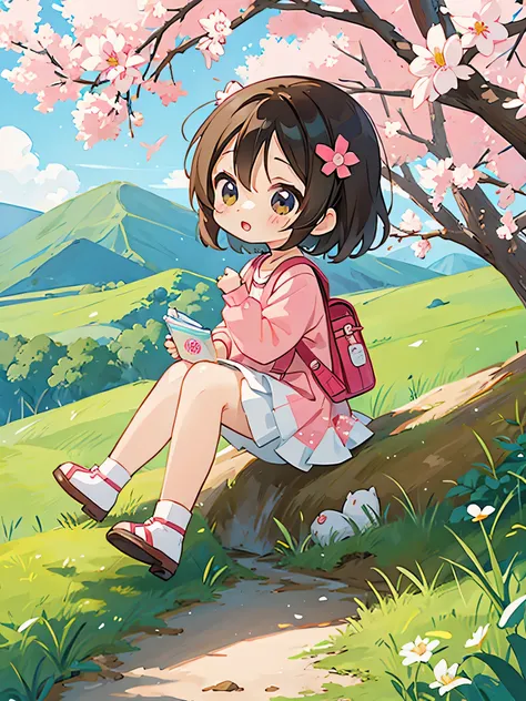 Ai Yazawa style, Kawaii Design, Chibi, beautiful spring afternoon、hiking、Bento