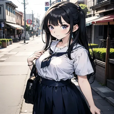 anime girl in  posing for a picture in a street, anime moe art style, beautiful anime high school girl, anime style. 8K, anime style 4 k, Cute girl anime visual, young anime girl, anime style portrait, an anime girl, Kantai Collection Style, anime girl, su...