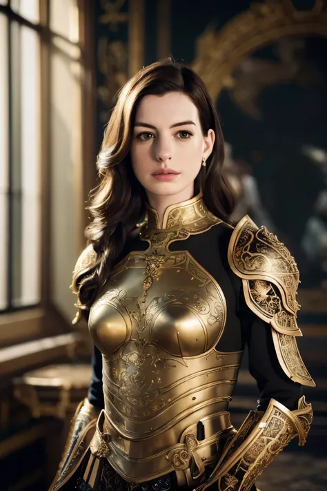 ((Anne Hathaway))，(((Anne Hathaway as a beautiful warrior in ornate armor))), goddess，futuristic background, ((soft elegant scenery)), ((full plate armor and sexy blouse)), bronze hair，((holding large ornate warhammer)) , ((perfect eyes:1.1)), (((beautiful...