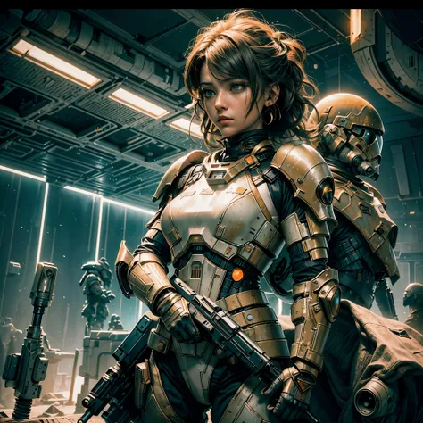 In this hyperrealistic fantasy art scene, a woman, dressed as a female stormtrooper from the Doom Eternal universe, stands boldly in front of a colossal spaceship. The heaven planet, reminiscent of Jan Victors paintings, hangs magnificently in the backgrou...