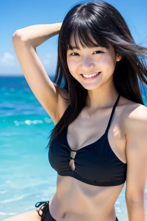 high school girl、black bikini、Ocean、smile、Upper body