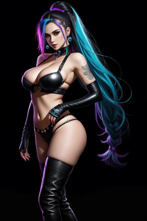 there is Jinx League of Legends standing, long blue platted hair, nice ass, thigh high boots, 3 d neon art of a womans body, neon-noir background, cyberpunk femme fatale, seductive cyberpunk dark fantasy, cyberpunk strip clubs, cyberpunk 20 y. o model girl...