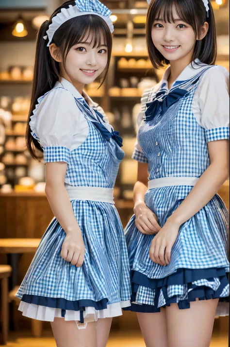 (masterpiece, highest quality:1.2), 1 girl, woman, 18 years old、 cute、(cuteメイド服を着ている), (light blue gingham check maid outfit:1.5...