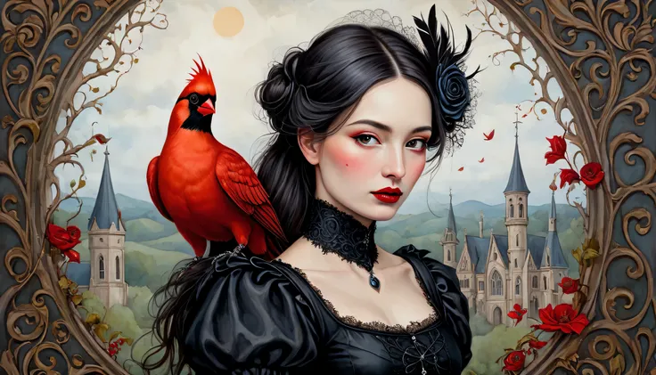 a painting of a woman with a red bird on her shoulder, a detailed gothic art painting or storybook illustration, whimsical