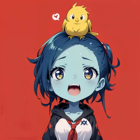 Anime image of a girl with a little yellow bird on her head, chibi big breasts, Brave omens., hoodie, video game avatar, 2D game avatar of upper body, discord emoji, Esoteric Jinx Portrait, cute characters, trend