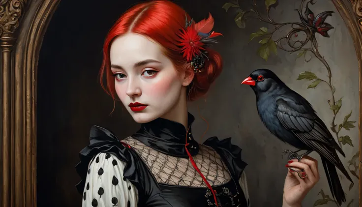 a painting of a woman with a red bird on her shoulder, a detailed gothic art painting or storybook illustration, whimsical