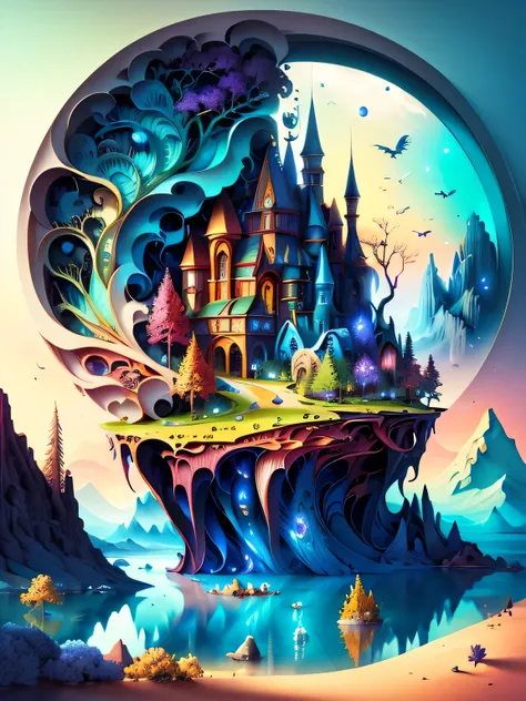 detailed landscape, vibrant colors, realistic lighting, surreal atmosphere, fantasy elements, mystical creatures, dream-like ambiance, intricate details, magical composition, ethereal beauty