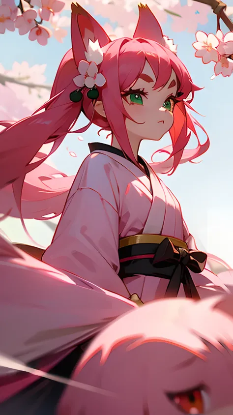 pink fox ears、pink fox tail、pink hair、green eyes、cherry blossom hair ornament、eyeliner、red eyeshadow、short cropped bangs、short and small round eyebrows、whole body、front、long hair、Lower twin tail、A mix of Japanese and Chinese