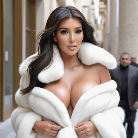 A very wide and very thick, manteau de fourrure en vison blanc, fifty centimeters thick, duveteux, naturel, with an ultra thick white mink fur collar, three layers, sur Kim Kardashian , bare shoulders, and two large breast covered by the fur, in Dubai 