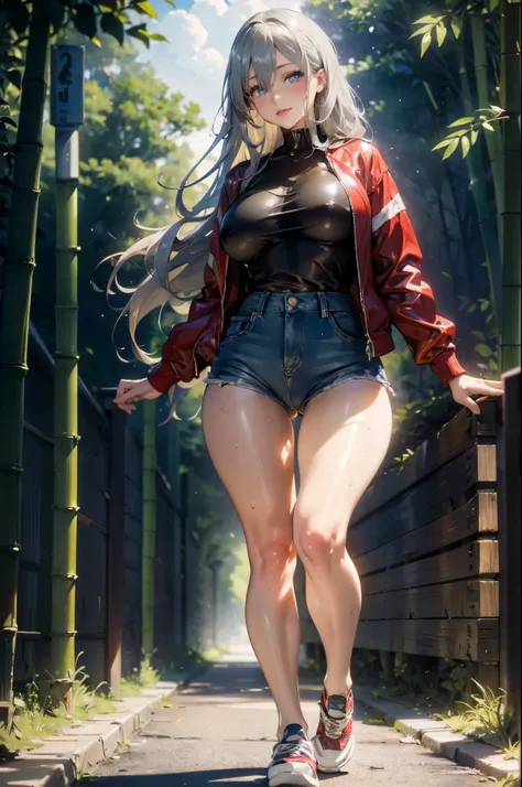 1 female，36 years old，MILF，Mature，Big breasts，Big breasts and thin waist，thin legs，long legs，plump and sexy，exposure， solo，（background with：bamboo forest，club） She has long silver-grey hair，stand up，Sweating，Soaked all over，View from the front， straight ha...