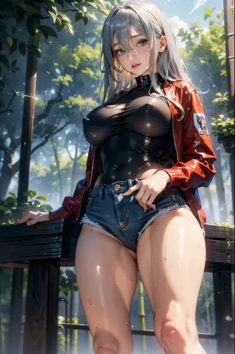 1 female，36 years old，MILF，Mature，Big breasts，Big breasts and thin waist，thin legs，long legs，plump and sexy，exposure， solo，（background with：bamboo forest，club） She has long silver-grey hair，stand up，Sweating，Soaked all over，View from the front， straight ha...