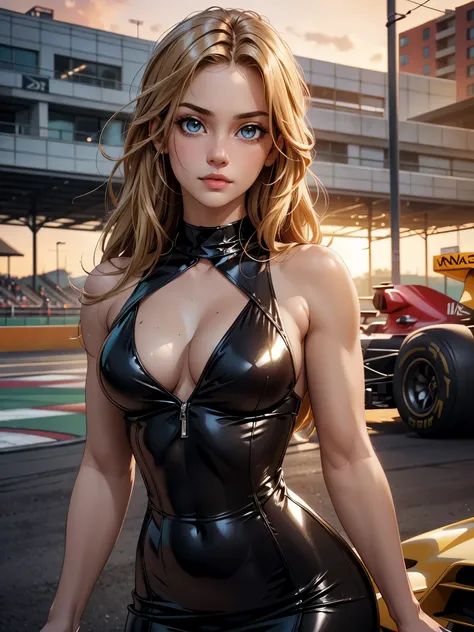 (​masterpiece), (top-quality), sunset, natural lights, ,(realistic:1.5), Stunningly beautiful race queen, latex minidress, curvaceous, short_skirt, long_blonde hair, tanned, wearing a skintight top, cleavage, sexy, sensual, hazel eyes, smiling, sexy pose, ...