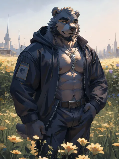 (masterpiece:1.2), best quality,pixiv,official art,perfect anatomy, (Ray tracing, light),solo, (1_male:1.3) , (muscle), (gray fur:1.4), (muscle bear), (beard:1.2), (gleaming golden eyes), Thick eyebrows, open hoodie,cargo shorts ,Brown boots, portrait, mor...