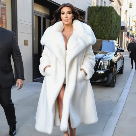 A very wide and very thick, manteau de fourrure en vison blanc, fifty centimeters thick, duveteux, naturel, with an ultra thick white mink fur collar, three layers, sur Kim Kardashian , bare shoulders, and two large breast covered by the fur, in Hollywood,...