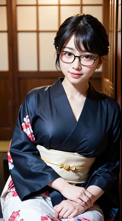 highest quality, masterpiece, ultra high resolution, (realistic:1.4), Raw photo, very detailed, perfect anatomy, 1 girl, 15 years old, most popular japanese idols, Wearing a luxurious Japanese kimono and cute designed glasses, innocent smile, Sitting strai...