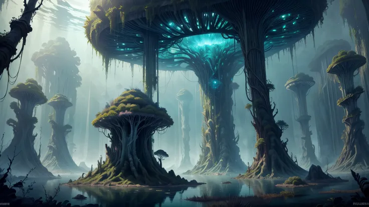 Hay muchas medusas flotando en el agua cerca de la orilla, Swampy atmosphere, Primordial Waters, lush alien landscape, ethereal landscape, in a surreal dreamscape, Paisaje lovecraftiano, scifi landscape, alien landscape, un alien landscape, strange alien f...