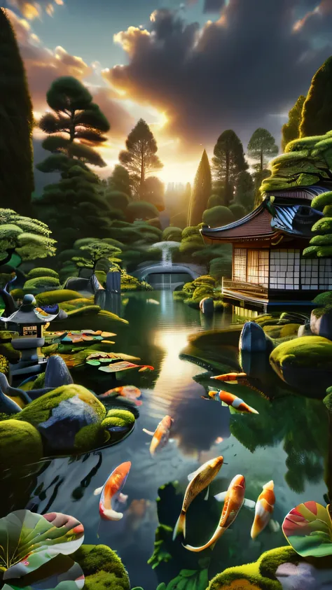 (8k, highres, masterpiece:1.2), ultra-detailed, realistic:1.37, evening pond, calm water, golden sunset, tranquil atmosphere, ge...