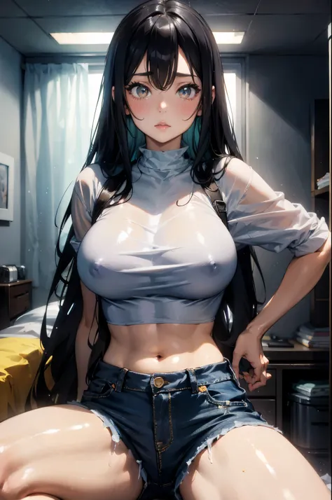 1 girl, long black hair, A little tanned, Wearing a crop top, Big breasts, Denim shorts, in the bedroom, Ridiculous, high resolution, Super sharp, 8K, masterpiece, looking at the audience，（（huge breasts））