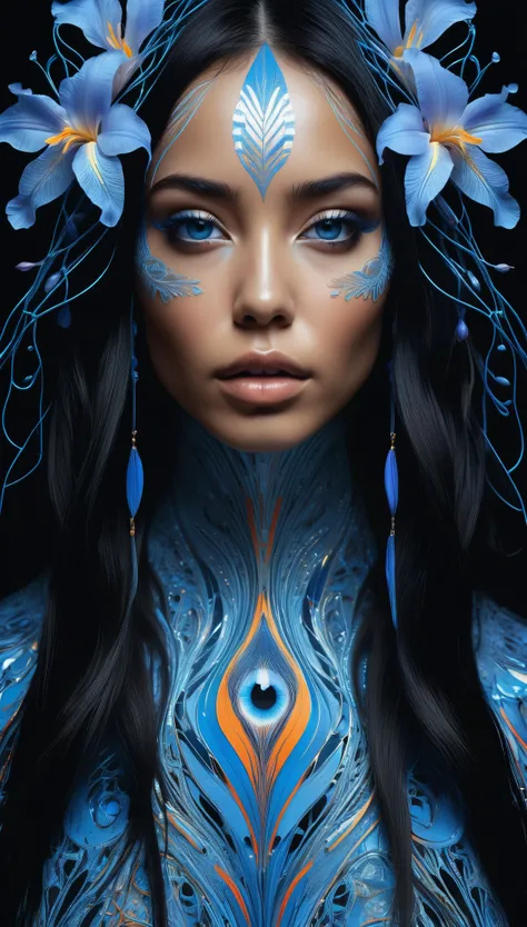 ultra-detailed artistic abstract beautiful indigenous woman with long black hair, magic with bioluminescent filigree, geometric photography, 32k fashion abstract poster, detailed symmetrical blue eyes with circular iris, natural body posture by artist russ...