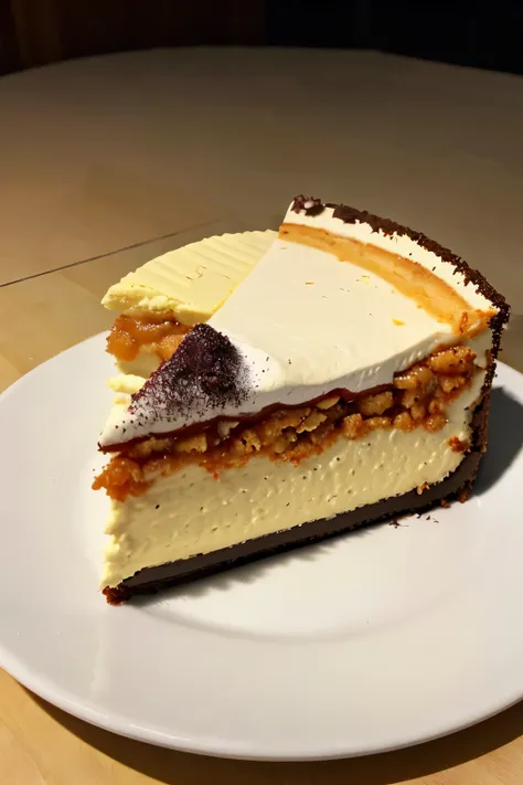 Photorealistic Appetizing slice of cherry cheesecake with chocolate, delicious, fragrant, close-up, highly detailed, intricate detail, raw photo, lifelike rendering, immersive atmosphere, chiaroscuro, moody lighting, jortega ((covered in cheese cake))