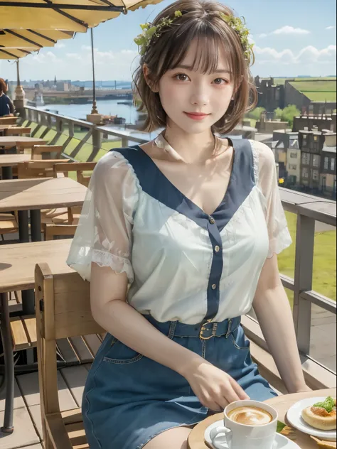 4k、high resolution、a girl is sitting at a round table outdoors in a cafe.、((wearing a white dress))、the background is the citysc...