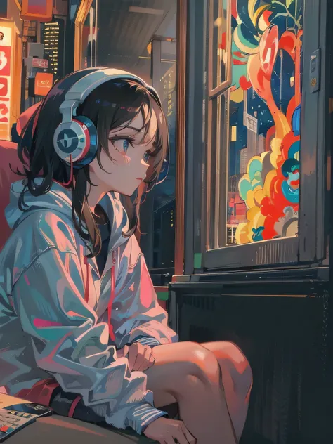 masterpiece, one girl, incredibly absurd, alone, hoodie, headphones, indoor,window,night,neon