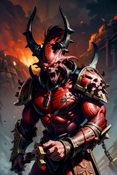 1 male, khornate berzerker, broken horn, red colored skin, fangs, drool, demon horns, demon wings, skull jewelry, chains, leather armor, shoulder armor, torn clothes, vambraces, brass armor, chain axe, claws, chaos, warhammer, WH40k, warhammer fantasy art