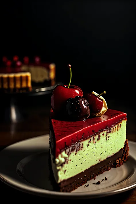 Photorealistic Appetizing slice of cherry cheesecake with chocolate, delicious, fragrant, close-up, highly detailed, intricate detail, raw photo, lifelike rendering, immersive atmosphere, chiaroscuro, moody lighting, jortega ((covered in cheese cake))