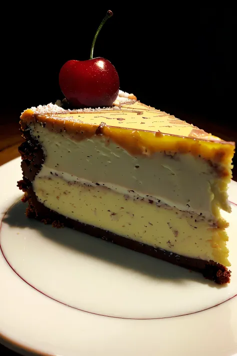 photorealistic appetizing slice of cherry cheesecake with chocolate, delicious, fragrant, close-up, highly detailed, intricate d...