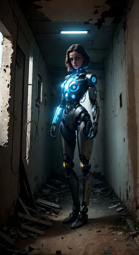 Here is an anthropomorphic female cyborg, located in an abandoned bunker. Her artificial body is intertwined with metal panels, tubes and wires, giving the impression of a high-tech creature. 

She stands in the center of a small room, surrounded by concre...