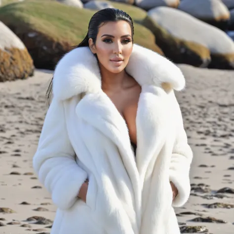 A very wide and very thick, manteau de fourrure en vison blanc, fifty centimeters thick, duveteux, naturel, with an ultra thick white mink fur collar, three layers, sur Kim Kardashian, alone in Pebble Beach , bare shoulders, and two large breast semi cover...