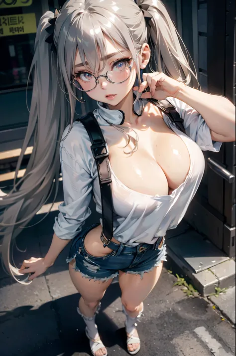 Top image quality、original photography、ultra high resolution、18 years old Korean、glasses beauty、huge tits:1.5、cleavage:1.6、healthy complexion、Fair and shiny skin、((Hold the twin tails))、((light brown silver hair))、beautiful eyes，random colors、lips are very...