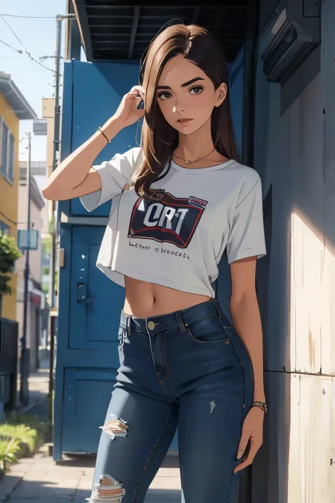 la mejor calidad, cuerpo completo como，cara refinada，20 year old university student，Cuerpo delgado，smaller bust，Camiseta crop top blanca，Pantalones cortos ultra denim sin cintura，escena callejera，Stand tall 