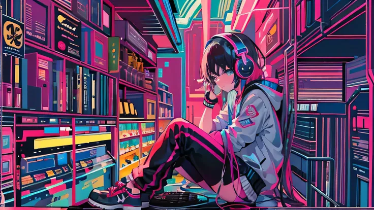 masterpiece, one girl, incredibly absurd, alone, hoodie, headphones, indoor,window,night,neon