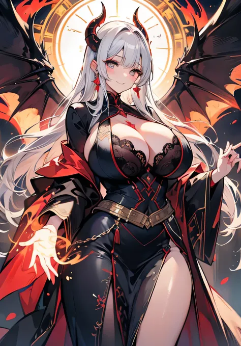 anime illustration、Highest image quality、fantasy、A voluptuous female demon wrapped in dark flames.、Lucifer、perfect proportions、beautiful eyeajestic robe、Overwhelmingly big breasts beyond the norm、cowboy shot、bewitching smile