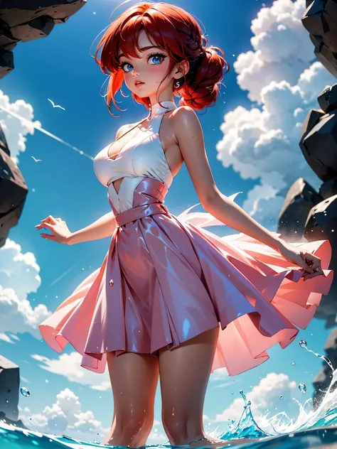 Wet redhead anime girl in summer rain with wet dress soaked in water, vestido White and pink, saia, 16 anos, corpo bonito, seios grandes, with hands behind head, running your hands through your hair, Garota sexy, red short hair with braid, mechas de cabelo...