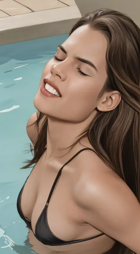 close-up, side view, 20yo woman (long straight brown hair, closed eyes), yawning, gape, feel pain, wearing a black bikini, yawning, in a pool, HDR, photorealistic, 8K, 16K